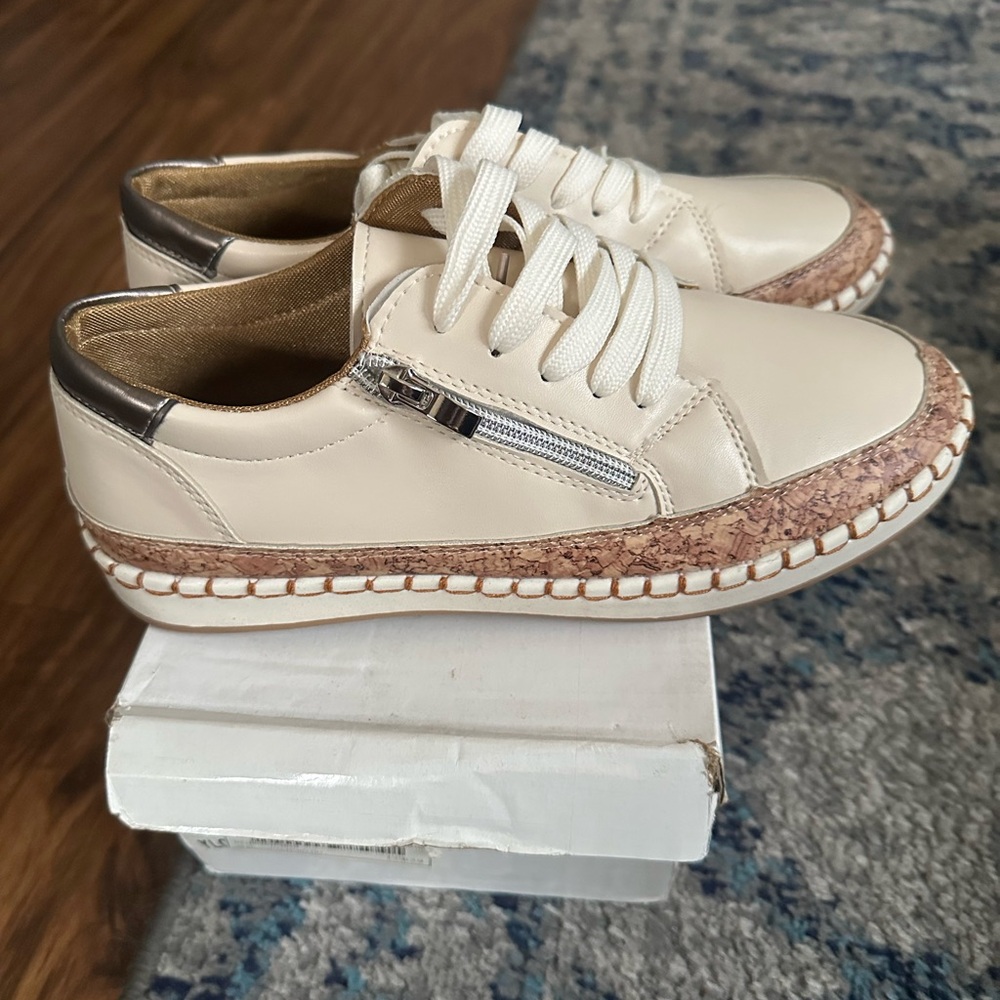 Cream pleather Lace-Up Sneakers with Cork Trim fits 7.5